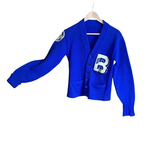 Vintage 60s 70s Varsity Letterman Cardigan Sweater Blue Wool B Patch Band Jacket - Picture 1 of 6